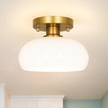 8" Gold Semi Flush Ceiling Light Milk White Glass