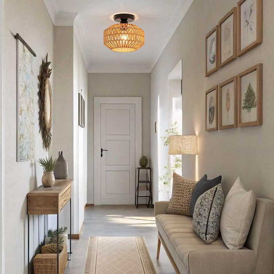 Mini Rattan Semi Flush Ceiling Light E26 1 Light