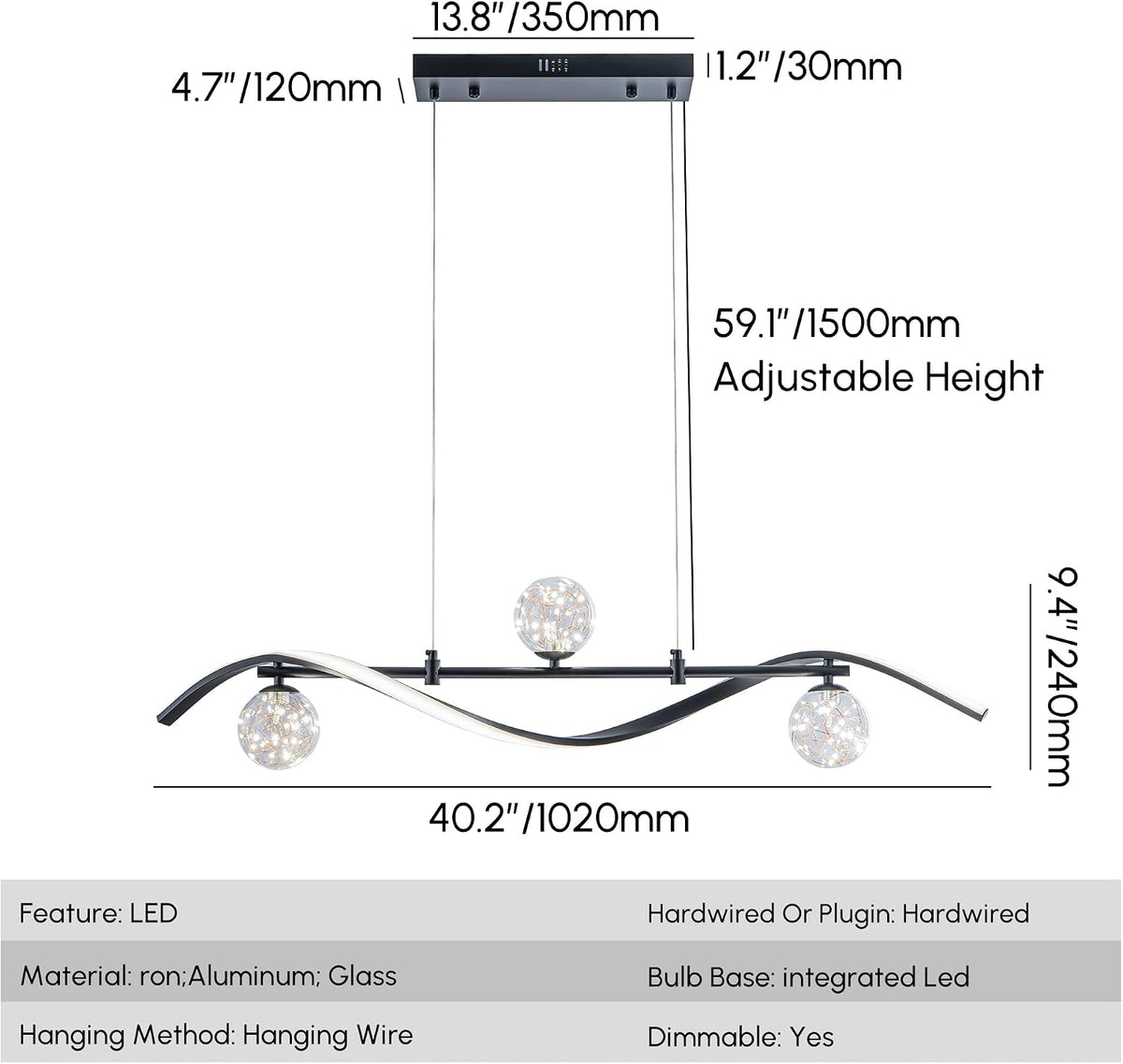 40.2" Black LED Linear Chandelier