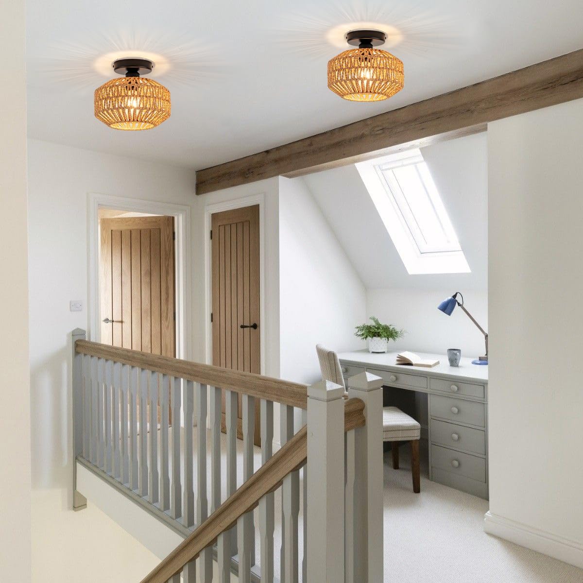 Mini Rattan Semi Flush Ceiling Light E26 1 Light