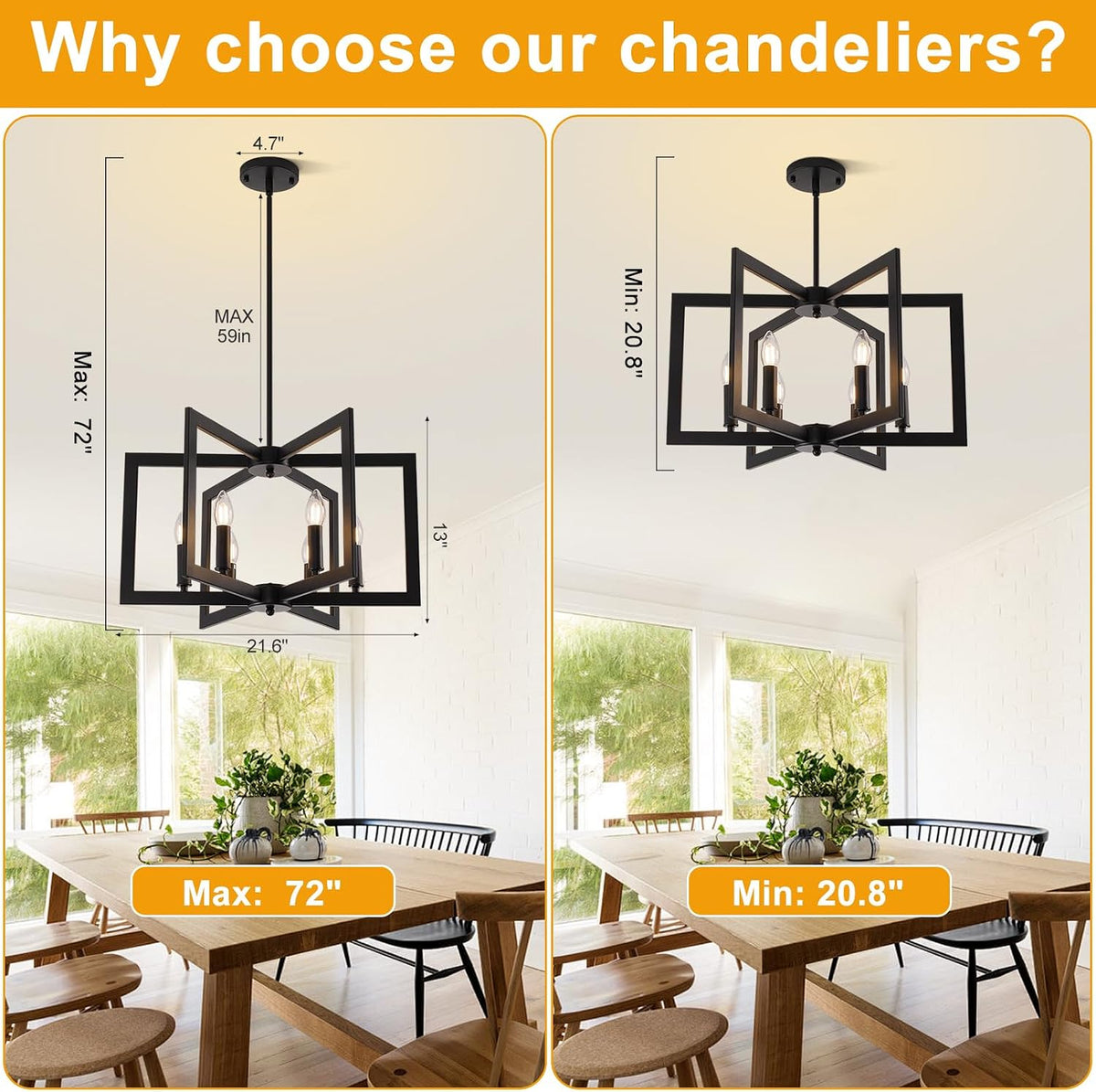 22" Black 6-Light Farmhouse Chandelier
