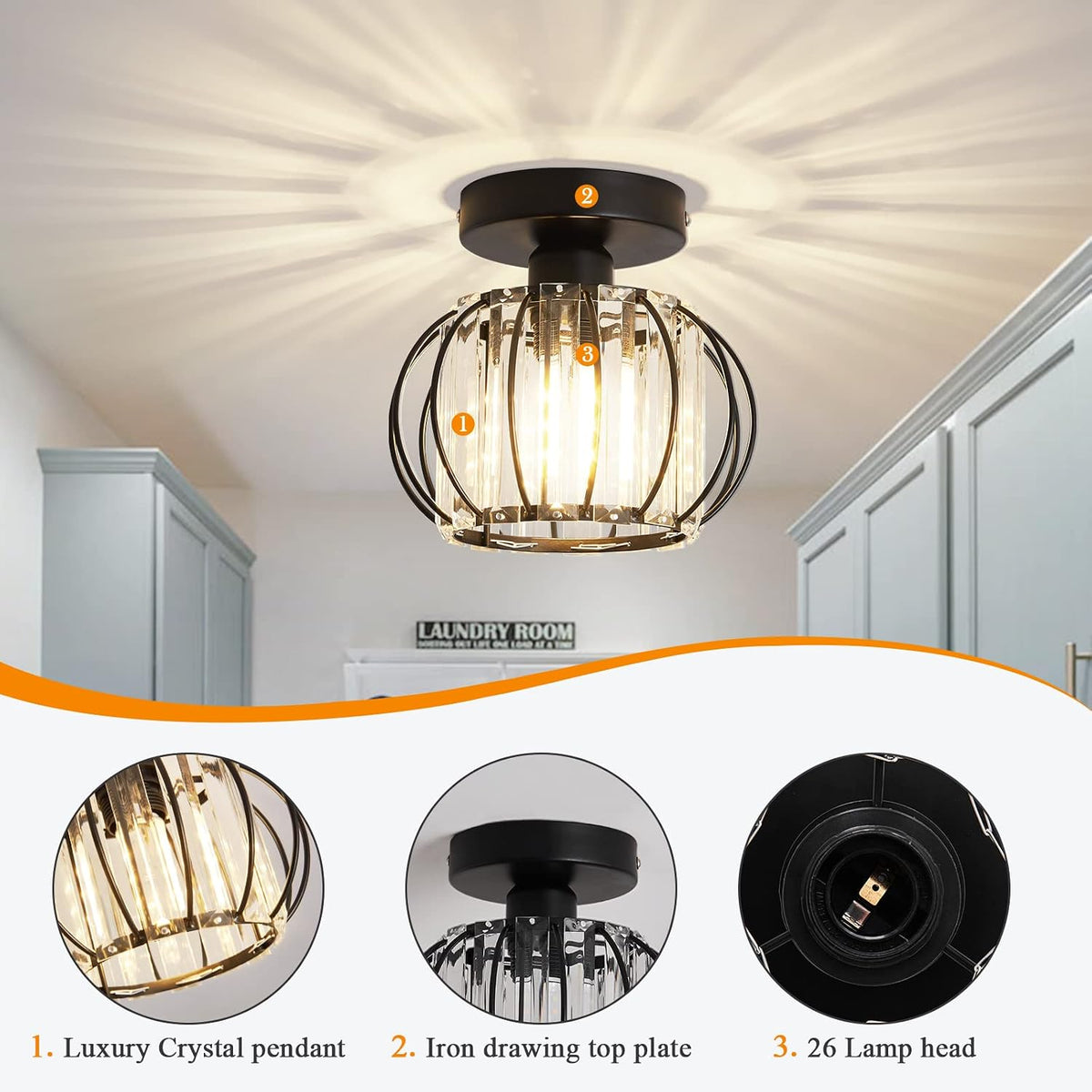 2 Pack Small Crystal Semi Flush Ceiling Light Black