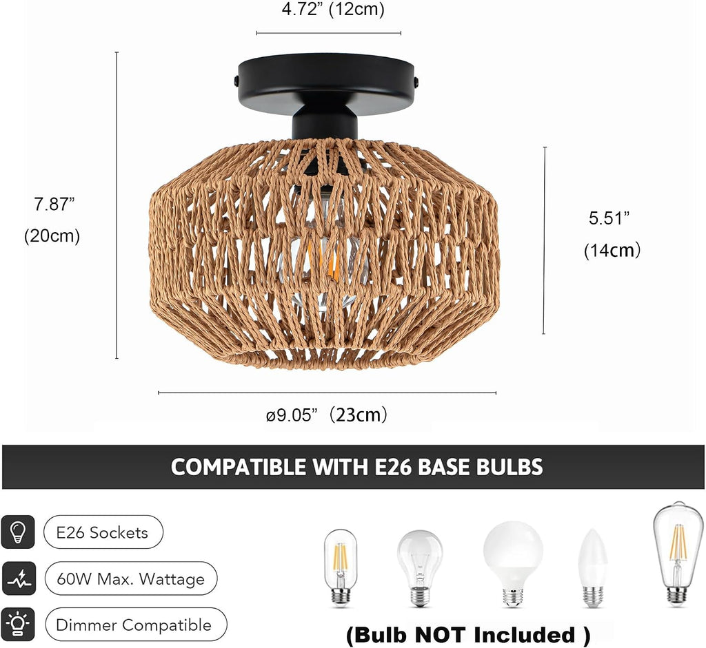 Mini Rattan Semi Flush Ceiling Light E26 1 Light