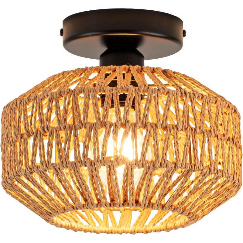 Mini Rattan Semi Flush Ceiling Light E26 1 Light